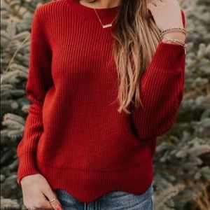 ROOLEE Maroon Red Knit Sweater with Scalloped Hem